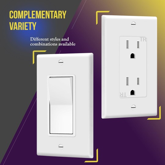 Decorator Light Switch or Receptacle Outlet Wall Plate, Size 1-Gang 4.50 Inches x 2.76 Inches, Unbreakable Polycarbonate Thermoplastic, 8831-W-10PCS, White (10 Pack), UL Listed