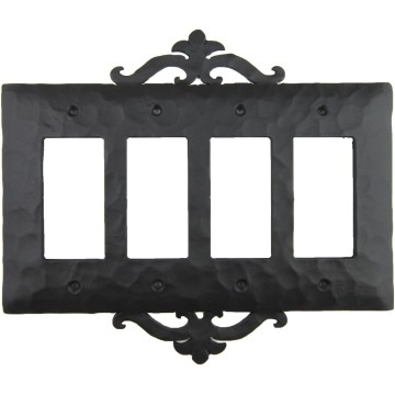 Rustic Spanish Scroll Wrought Iron Quad Decora Switch Plate Cover EPH143 (Black)