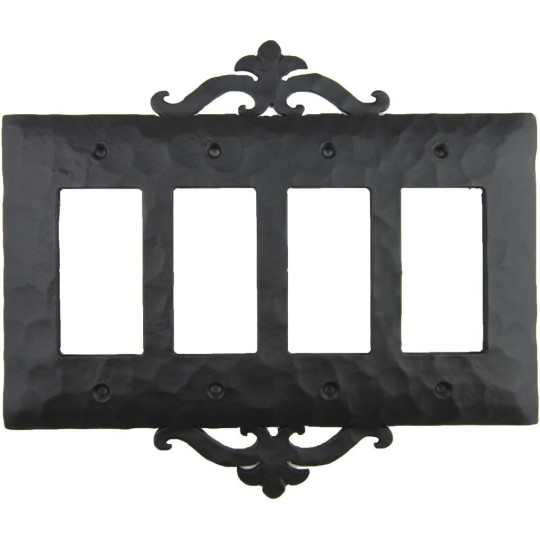 Rustic Spanish Scroll Wrought Iron Quad Decora Switch Plate Cover EPH143 (Black)