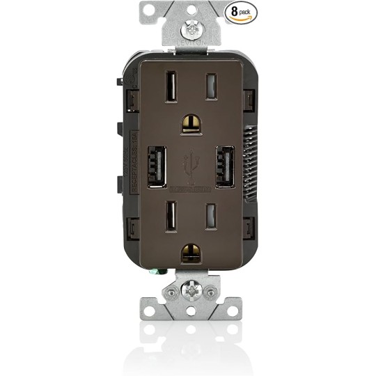 T5632 USB Charger/Tamper-Resistant Duplex Receptacle, 15-Amp, 8-Pack, Brown
