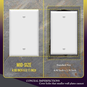 Mid-Size Blank Device Wall Plate, Midway Blank Outlet Covers, 1-Gang 4.88" x 3.11", Unbreakable Polycarbonate Thermoplastic, UL Listed, 8801M-W-10PCS, Gloss Finish, White (10 Pack)