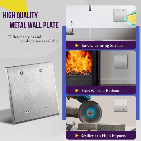 Blank Device Metal Wall Plate, Corrosion Resistant, Size 2-Gang 4.50" x 4.57", UL Listed, 7702-10PCS, 430 Stainless Steel, Silver (10 Pack)