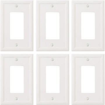 Decor Single Rocker Insulated Light Switch Cover, 1-Gang Electrical Wall Plate, Single Switch Decorator Standard Size GFCI Receptacle Cover, Decorative Architectural Cornice, White, 6 Pack