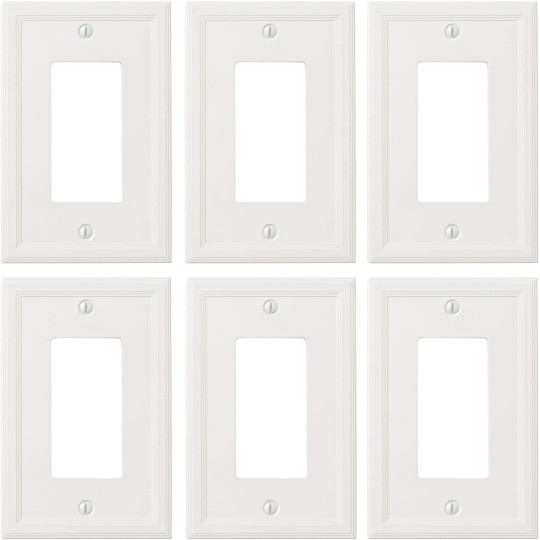 Decor Single Rocker Insulated Light Switch Cover, 1-Gang Electrical Wall Plate, Single Switch Decorator Standard Size GFCI Receptacle Cover, Decorative Architectural Cornice, White, 6 Pack