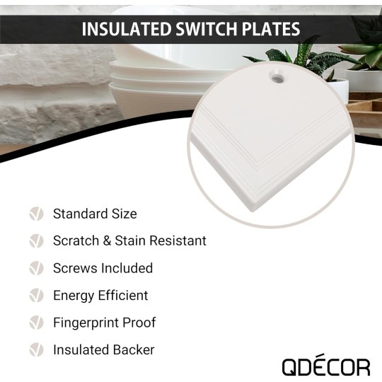 Decor Single Rocker Insulated Light Switch Cover, 1-Gang Electrical Wall Plate, Single Switch Decorator Standard Size GFCI Receptacle Cover, Decorative Architectural Cornice, White, 6 Pack