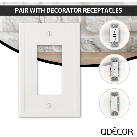 Decor Single Rocker Insulated Light Switch Cover, 1-Gang Electrical Wall Plate, Single Switch Decorator Standard Size GFCI Receptacle Cover, Decorative Architectural Cornice, White, 6 Pack
