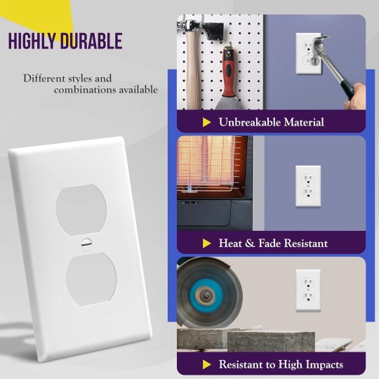 Duplex Receptacle Outlet Wall Plate, Gloss Finish, Size 1-Gang 4.50" x 2.76", Unbreakable Polycarbonate Thermoplastic, UL Listed, 8821-W-40PCS, White (40 Pack)