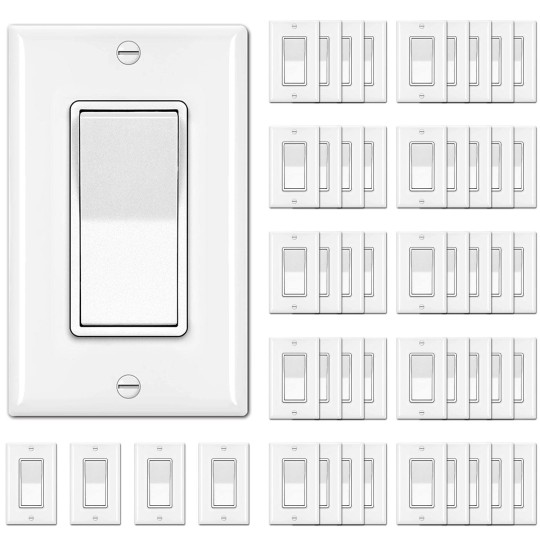 [50 Pack] Single Pole Decorator Wall Light Switch with Wallplate, 15A 120/277V, On/Off Rocker Paddle Interrupter, UL Listed, White