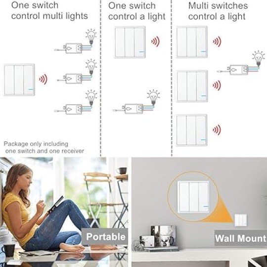 GREENCYCLE Smart Wireless Wall Light Switch, 3PK 3-way Wireless Switch & 9 Remote Receiver, Control Lamp ON/OFF, Controller with Receiver Remote Control House Lighting and Appliances Toggle