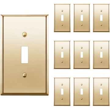 Toggle Light Switch Metal Wall Plate, Stainless Steel Corrosion Resistant, Size 1-Gang 4.50" x 2.76", Stainless Steel 201, 7711-PB-10PCS, Polished Brass, Gold (10 Pack)