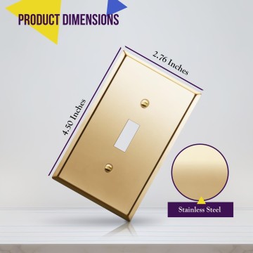 Toggle Light Switch Metal Wall Plate, Stainless Steel Corrosion Resistant, Size 1-Gang 4.50" x 2.76", Stainless Steel 201, 7711-PB-10PCS, Polished Brass, Gold (10 Pack)