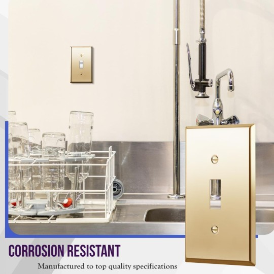 Toggle Light Switch Metal Wall Plate, Stainless Steel Corrosion Resistant, Size 1-Gang 4.50" x 2.76", Stainless Steel 201, 7711-PB-10PCS, Polished Brass, Gold (10 Pack)