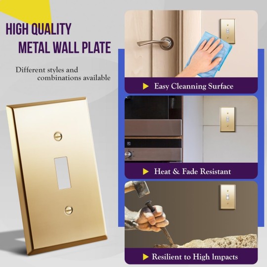 Toggle Light Switch Metal Wall Plate, Stainless Steel Corrosion Resistant, Size 1-Gang 4.50" x 2.76", Stainless Steel 201, 7711-PB-10PCS, Polished Brass, Gold (10 Pack)
