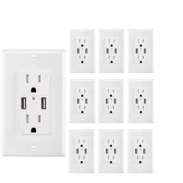 USB Outlet Charger Wall Plate 10Pack, 4.2A High Speed Decora Outlet Receptacle with Dual USB Ports 15A 125V 60Hz Tamper Resistant & Free Faceplate