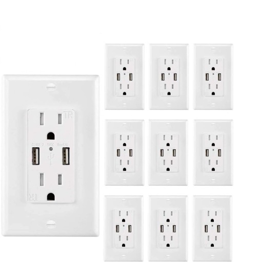 USB Outlet Charger Wall Plate 10Pack, 4.2A High Speed Decora Outlet Receptacle with Dual USB Ports 15A 125V 60Hz Tamper Resistant & Free Faceplate