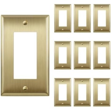 Decorator Switch or Outlet Metal Wall Plate, Stainless Steel 201, Corrosion Resistant, Size 1-Gang 4.50" x 2.76", 7731-BB-10PCS, Brushed Brass, Gold (10 Pack)