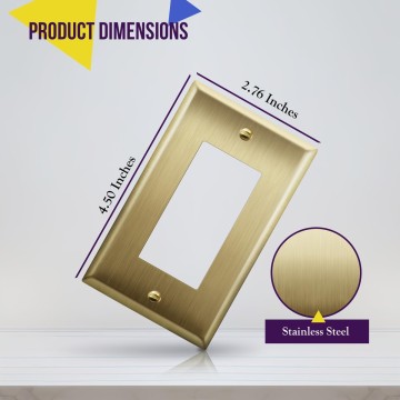 Decorator Switch or Outlet Metal Wall Plate, Stainless Steel 201, Corrosion Resistant, Size 1-Gang 4.50" x 2.76", 7731-BB-10PCS, Brushed Brass, Gold (10 Pack)