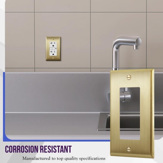 Decorator Switch or Outlet Metal Wall Plate, Stainless Steel 201, Corrosion Resistant, Size 1-Gang 4.50" x 2.76", 7731-BB-10PCS, Brushed Brass, Gold (10 Pack)