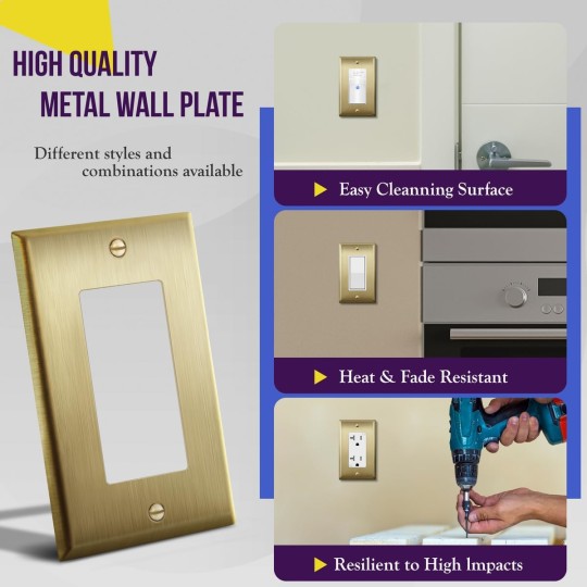 Decorator Switch or Outlet Metal Wall Plate, Stainless Steel 201, Corrosion Resistant, Size 1-Gang 4.50" x 2.76", 7731-BB-10PCS, Brushed Brass, Gold (10 Pack)