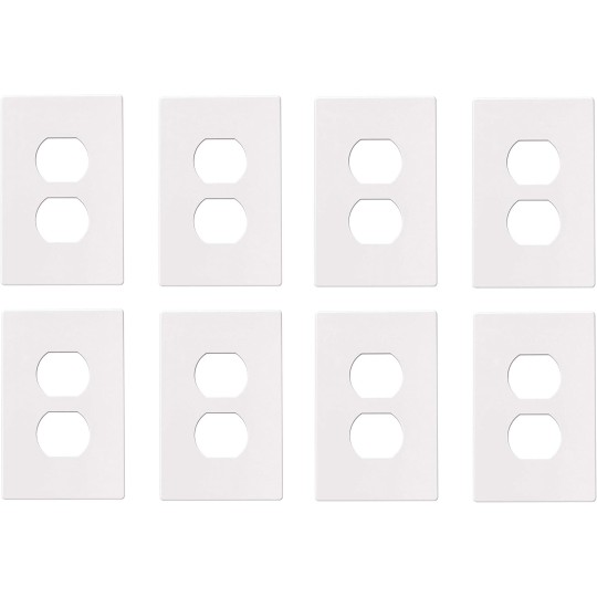 PJS8W Polycarbonate 1-Gang Screwless Duplex Receptacle Mid Size Wall Plate, White, Sold as 8 Pack