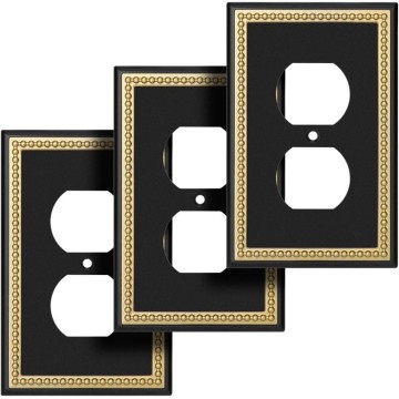 Pearled Frame Decorative Wall Plate Switch Plate Outlet Cover (Single Duplex 3PK, Black & Dark Golden)