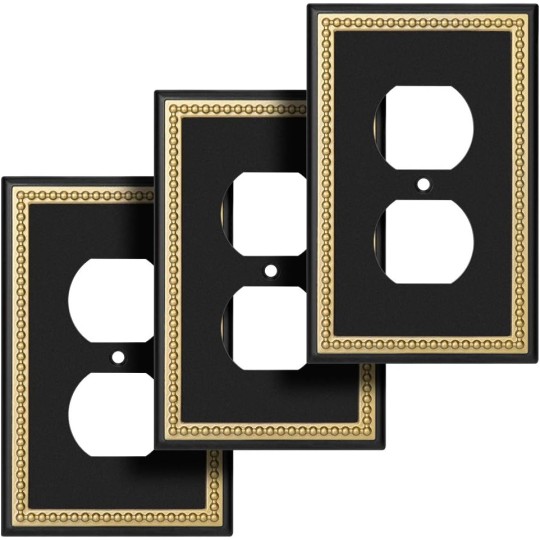 Pearled Frame Decorative Wall Plate Switch Plate Outlet Cover (Single Duplex 3PK, Black & Dark Golden)
