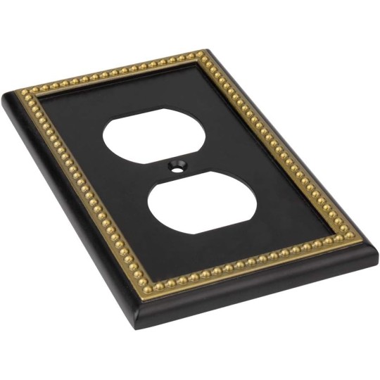 Pearled Frame Decorative Wall Plate Switch Plate Outlet Cover (Single Duplex 3PK, Black & Dark Golden)
