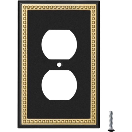 Pearled Frame Decorative Wall Plate Switch Plate Outlet Cover (Single Duplex 3PK, Black & Dark Golden)
