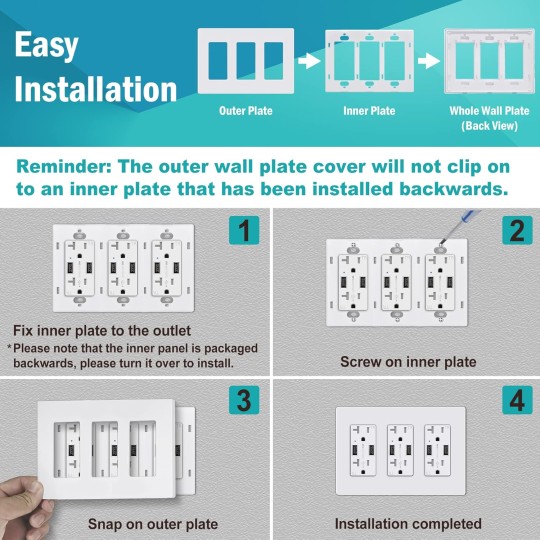 3-Gang Screwless Decorator Wall Plate, 2 Pack Light Switch Covers, Outlet Receptacle Cover, Hidden Screw Smooth Face, Impact Resistant, Standard Size 4.68”X 6.54”, Glossy White