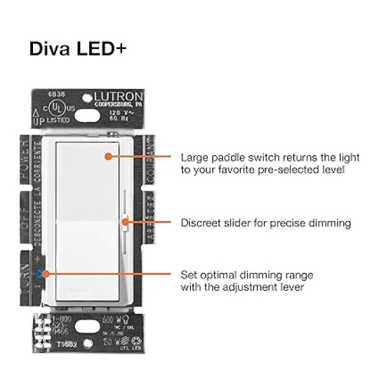 Diva LED+ Dimmer Switch for Dimmable LED, Halogen and Incandescent Bulbs, 150W/Single-Pole or 3-Way, DVCL-153P-WH, White (6-Pack)