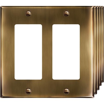 Double Decorator Switch or Receptacle Metal Cover Plate, Corrosion Resistant, Standard Size 2-Gang 4.50" x 4.57", Stainless Steel 201, 7732-AB-5PCS, Antique Brass, 5 pack