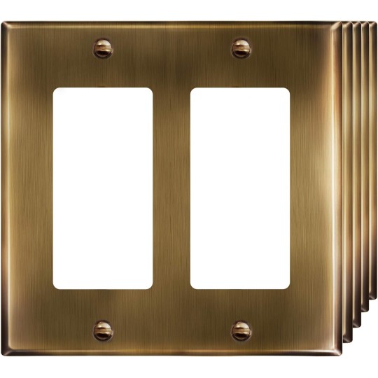 Double Decorator Switch or Receptacle Metal Cover Plate, Corrosion Resistant, Standard Size 2-Gang 4.50" x 4.57", Stainless Steel 201, 7732-AB-5PCS, Antique Brass, 5 pack
