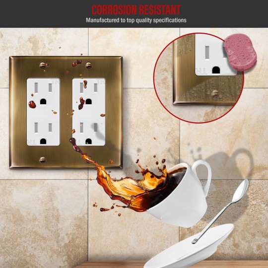 Double Decorator Switch or Receptacle Metal Cover Plate, Corrosion Resistant, Standard Size 2-Gang 4.50" x 4.57", Stainless Steel 201, 7732-AB-5PCS, Antique Brass, 5 pack