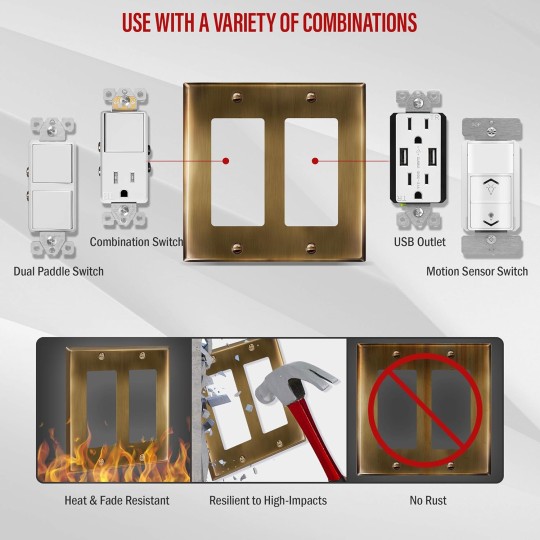 Double Decorator Switch or Receptacle Metal Cover Plate, Corrosion Resistant, Standard Size 2-Gang 4.50" x 4.57", Stainless Steel 201, 7732-AB-5PCS, Antique Brass, 5 pack