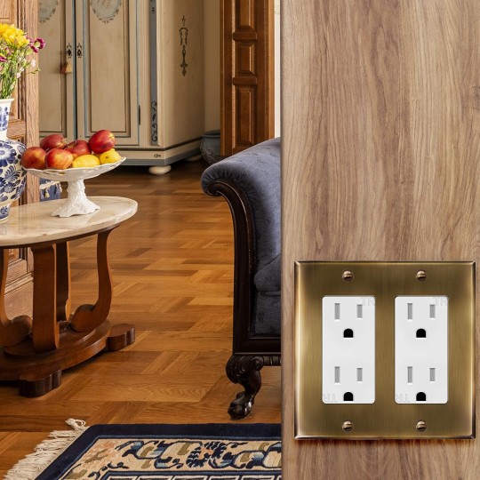 Double Decorator Switch or Receptacle Metal Cover Plate, Corrosion Resistant, Standard Size 2-Gang 4.50" x 4.57", Stainless Steel 201, 7732-AB-5PCS, Antique Brass, 5 pack