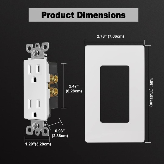 15 Amp Decorator Recetpacle Outlet, 50 Pack Tamper Resistant Standard Electrical Wall Outlet, 15A/125V, Decor Screwless Wallplate Included, UL Listed, White