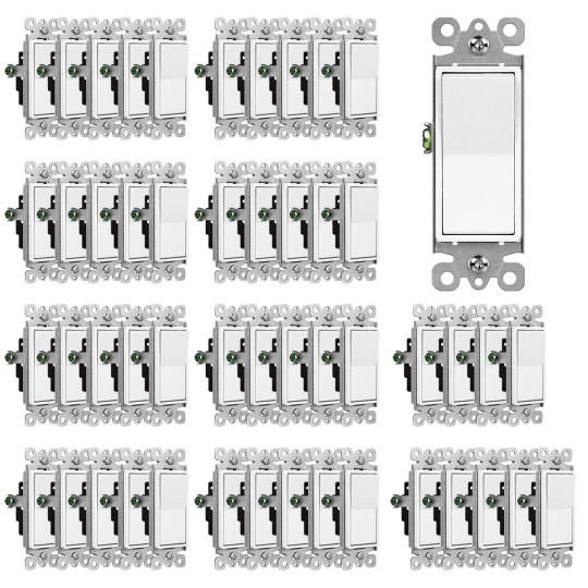 (50 Pack) Decorator Wall Light Switch, Single Pole Switch, 15A 120/277V, 3-Year Warranty, White