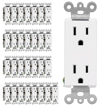 15 Amp Decorator Wall Receptacle, 30 Pack Standard Electrical Outlet, Non-Tamper Resistant, 15A/125V, 2 Pole 3 Wire, Residential and Commercial Use, UL Listed, White