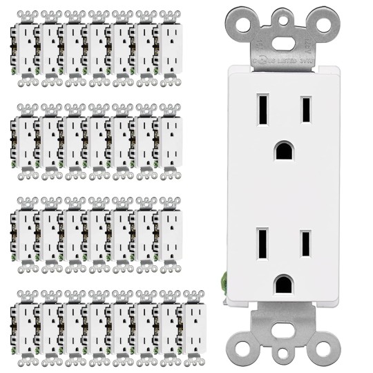 15 Amp Decorator Wall Receptacle, 30 Pack Standard Electrical Outlet, Non-Tamper Resistant, 15A/125V, 2 Pole 3 Wire, Residential and Commercial Use, UL Listed, White