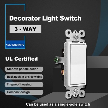 (20 Pack) 3 Way Decorator Paddle Rocker Wall Light Switch, Single Pole or Three Way, 15A 120/277V, On/Off Interrupter, White