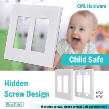 Screwless Decorator Wall Plate, 2 Gang Outlet Covers, 4 Pack Decorative Light Switch Plates, Hidden Screw Smooth Face, Standard Size 4.68”X 4.72”, Impact Resistant, White