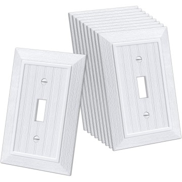 Classic Single Toggle Switch Wall Plate, 1-Gang Outlet Cover, 10 Pack, Standard Size 3.15”X 4.87”, Vintage Retro Wood Grain Design, Impact Resistant, White