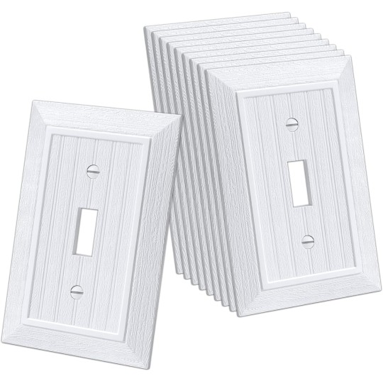 Classic Single Toggle Switch Wall Plate, 1-Gang Outlet Cover, 10 Pack, Standard Size 3.15”X 4.87”, Vintage Retro Wood Grain Design, Impact Resistant, White