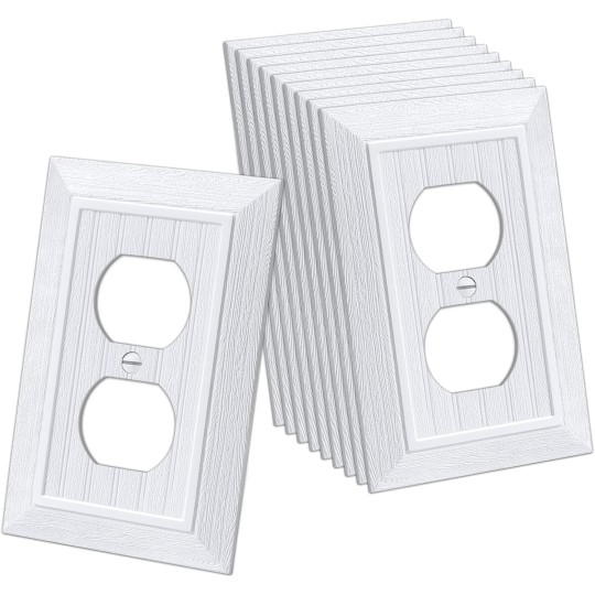 Classic Single Duplex Wall Plate, 1-Gang Vintage Outlet Covers, 10 Pack Retro Wood Grain Design White Switch Plates, Standard Size 3.15”X 4.87”, Impact Resistant