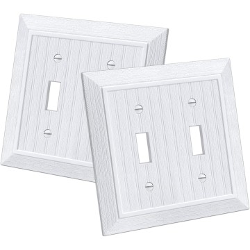 Classic Double Toggle Light Switch Wall Plate, 2-Gang Outlet Covers, Vintage Retro Wood Grain Design, Standard Size 4.95”X 4.87”, Impact Resistant, 2-Pack, White