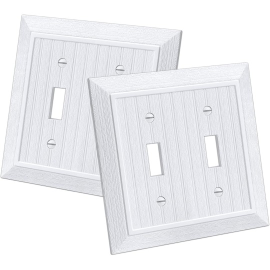 Classic Double Toggle Light Switch Wall Plate, 2-Gang Outlet Covers, Vintage Retro Wood Grain Design, Standard Size 4.95”X 4.87”, Impact Resistant, 2-Pack, White