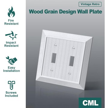 Classic Double Toggle Light Switch Wall Plate, 2-Gang Outlet Covers, Vintage Retro Wood Grain Design, Standard Size 4.95”X 4.87”, Impact Resistant, 2-Pack, White