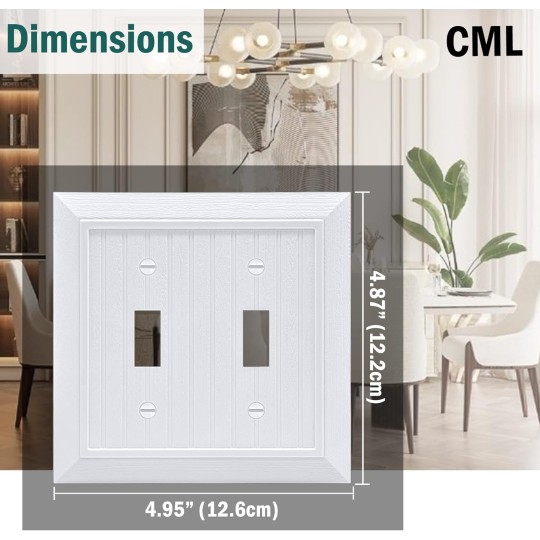 Classic Double Toggle Light Switch Wall Plate, 2-Gang Outlet Covers, Vintage Retro Wood Grain Design, Standard Size 4.95”X 4.87”, Impact Resistant, 2-Pack, White