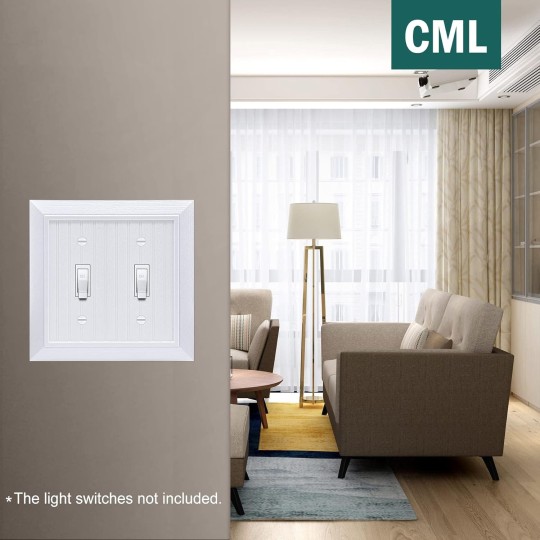 Classic Double Toggle Light Switch Wall Plate, 2-Gang Outlet Covers, Vintage Retro Wood Grain Design, Standard Size 4.95”X 4.87”, Impact Resistant, 2-Pack, White