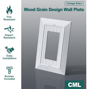 Classic Single Decorator Wall Plate, Vintage 1-Gang Light Switch Covers, 10 Pack Retro Wood grain Design Outlet Cover Plates, Standard Size 3.15”X 4.87”, Impact Resistant, White